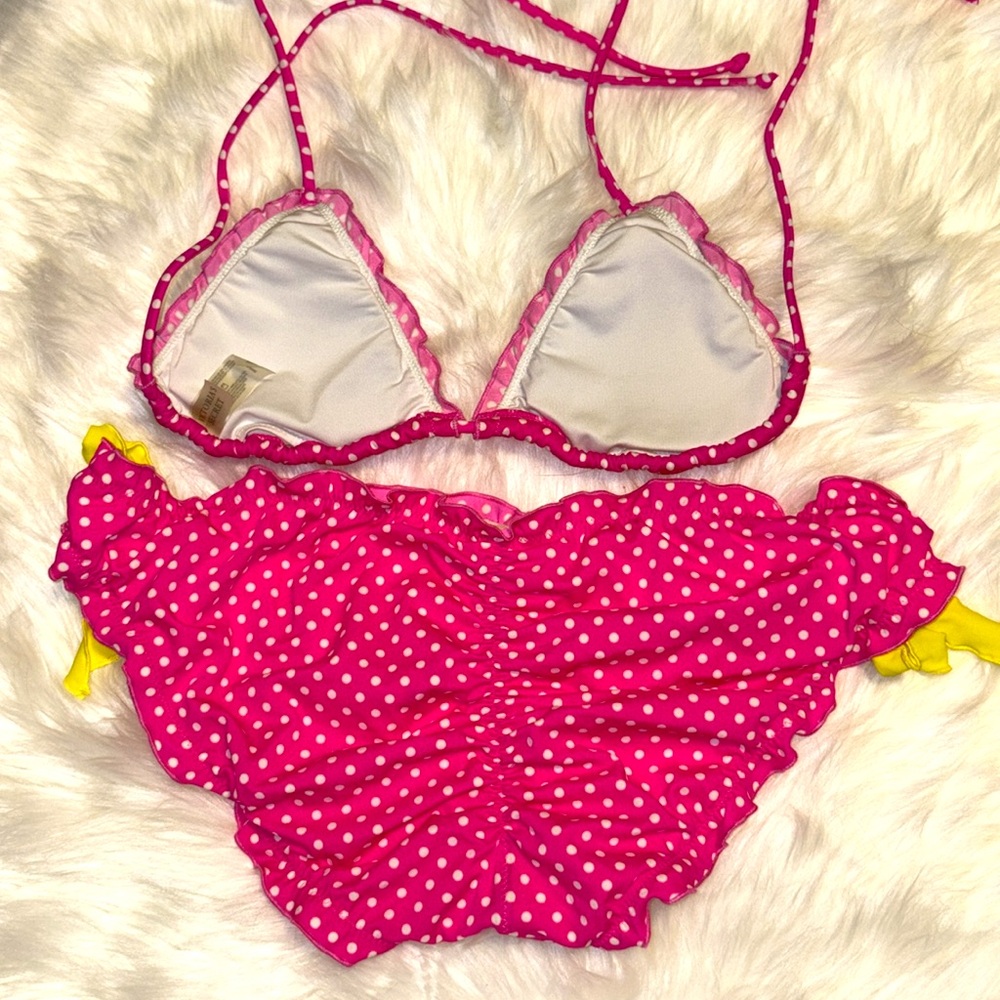 Victoria's Secret Pink and Yellow polka dot Bikini set with Ruched Design M/L - Picture 6 of 12